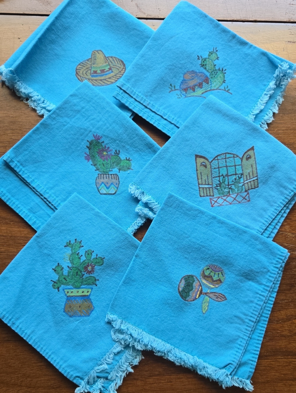 Turquoise Southwestern Print Cotton Napkins - Hand Painted Artisan